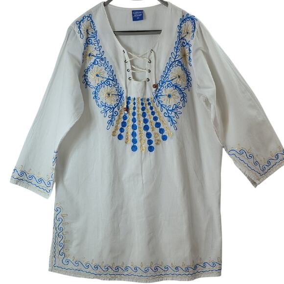 Women Sz 2X White & Blue Embroidery Beach BOHO Fairy Lace up Cotton Tunic Top - Picture 1 of 12